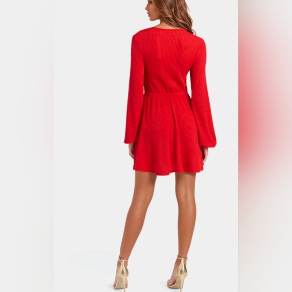 Bebe Surplice Neck Flare Knit Dress Red Medium NWT